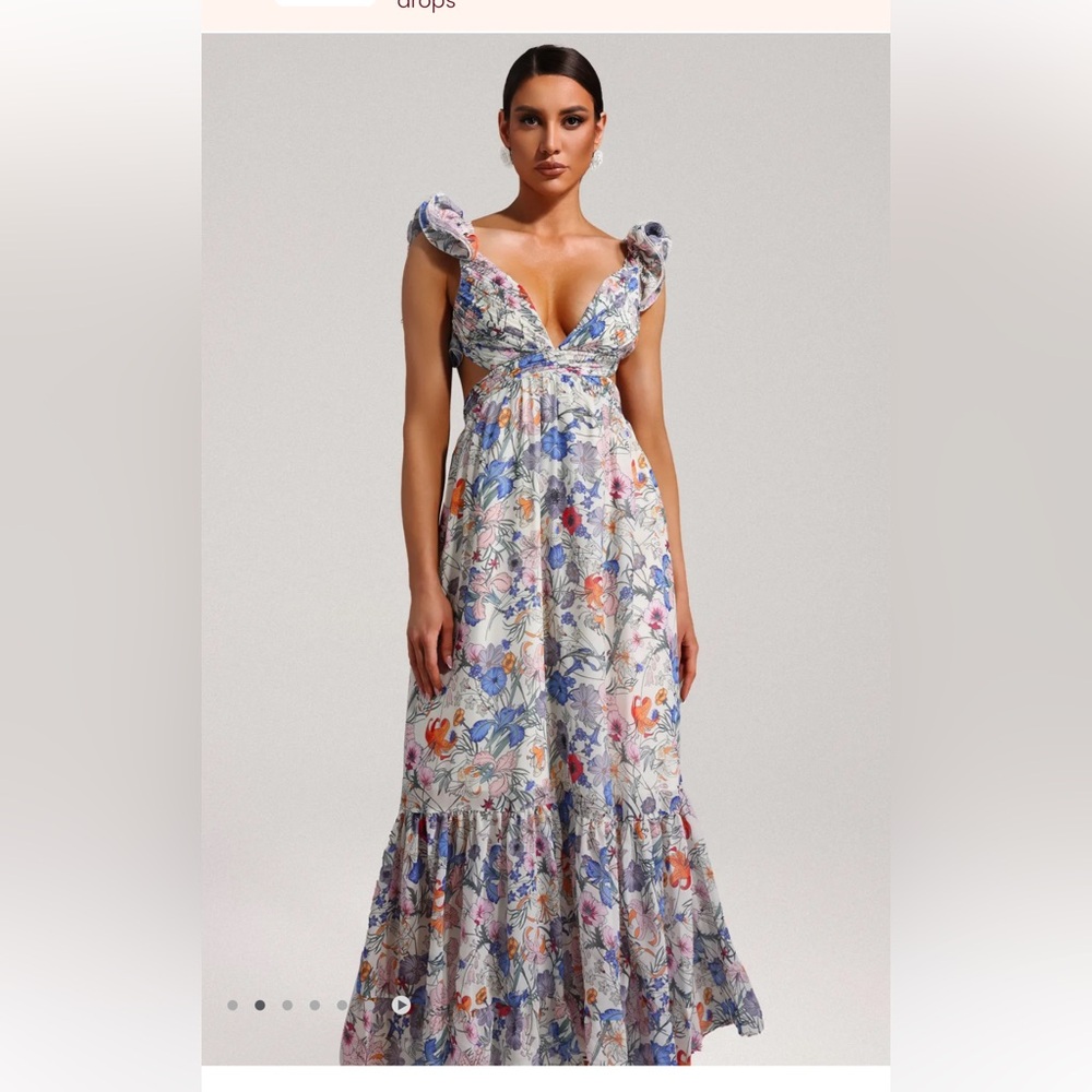 NWT Sunfere Floral Cut Out Maxi Dress Size Medium Lace Up Back Ruffles Flowy - Picture 5 of 14